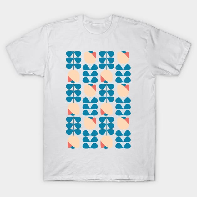 Retro Geometric Floral Pattern 1 in Celadon Blue, Peach, Coral and Yellow T-Shirt by tramasdesign